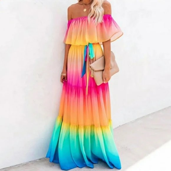Rainbow Dress BOHO Maxi Off Shoulder - Ribbon Belt Waist - Flowing Hem - Picture 13 of 13